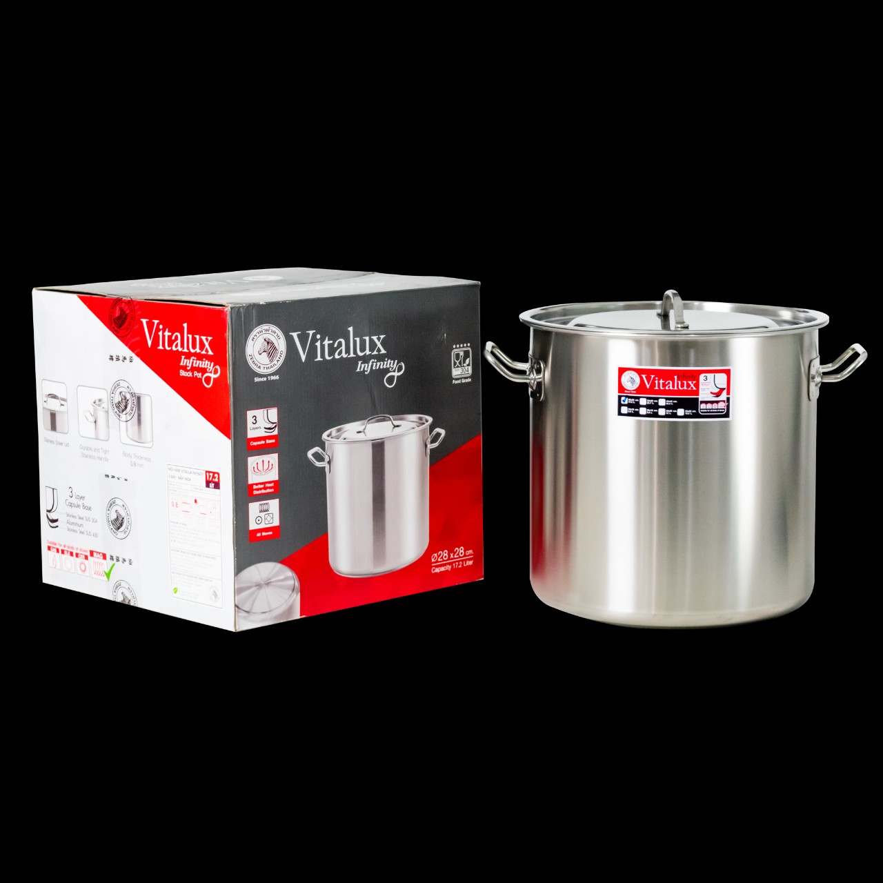 Nồi hầm cao 3 đáy vitalux infinity 28x28cm, 17.2l - 171338 zebra thái lan