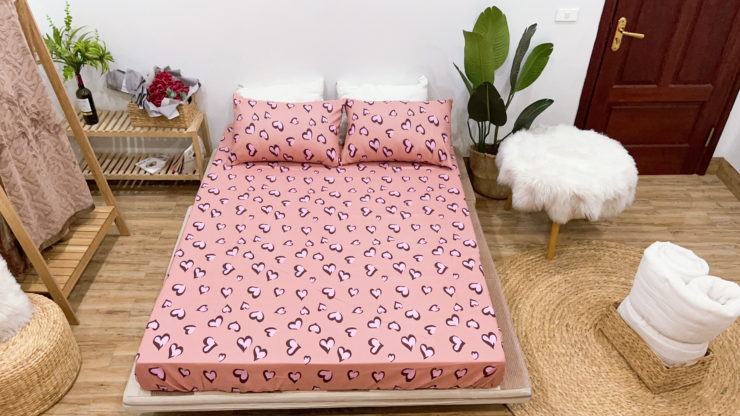 Set ga gối mẫu họa tiết tim hồng p61