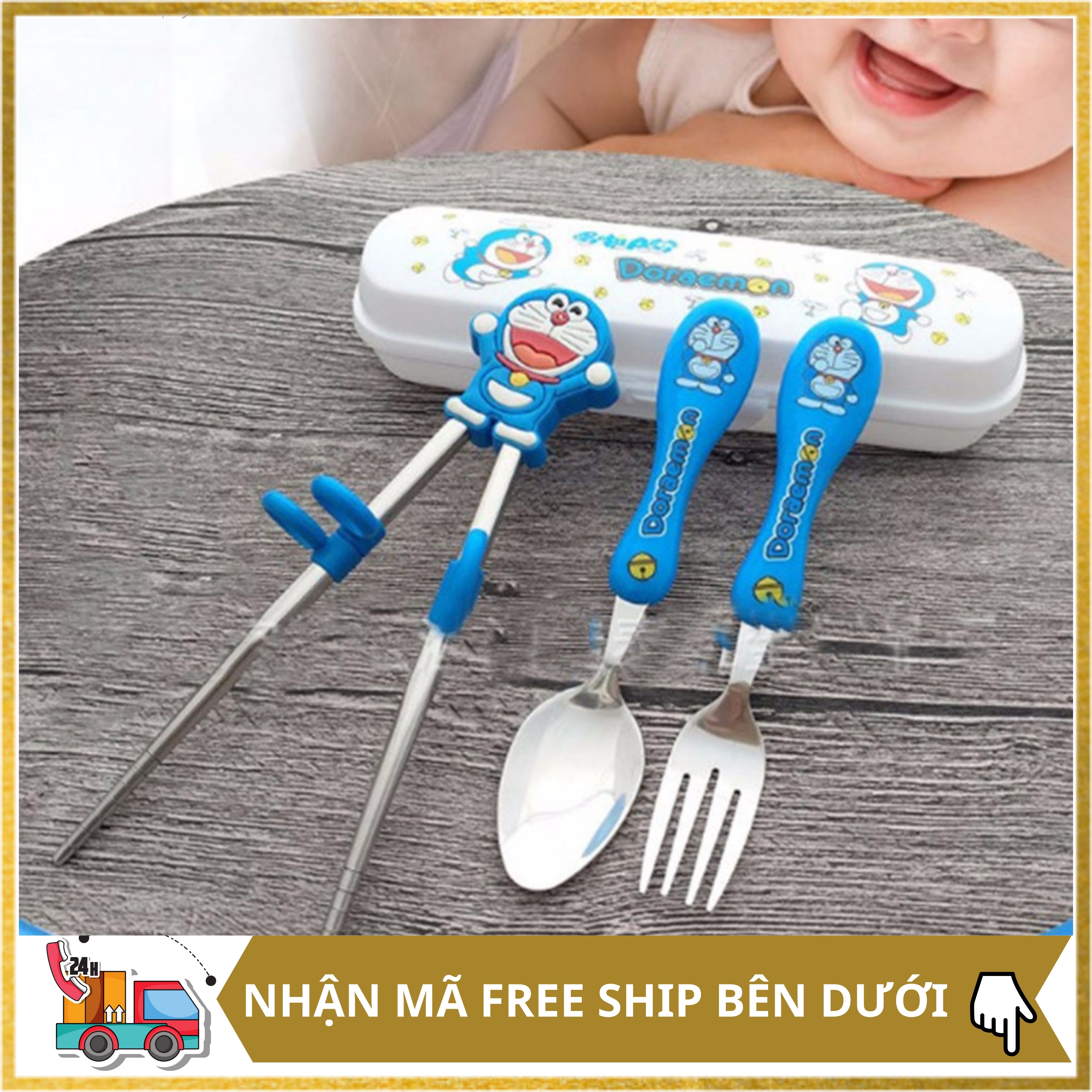Set tập ăn 3 món inox kèm hộp đựng cho bé. Do tap an cho be, dung cụ tập bé ăn