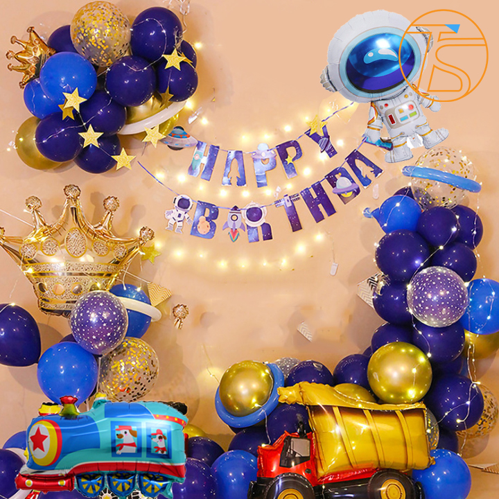 Bộ trang trí sinh nhật phi hành gia và xe phương tiện giao thông - Đồ trang trí tiệc thôi nôi đầy tháng - Bong bóng happy birthday - Sét trang trí tiệc sinh nhật cho bé trai bé gái cute