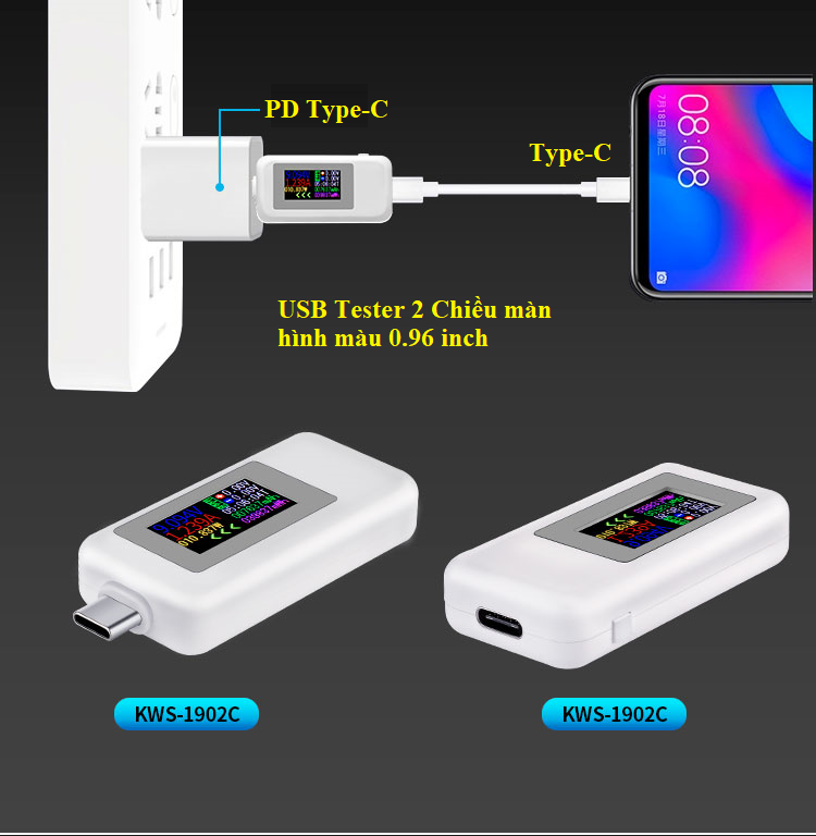 Usb tester kiểm tra dòng và áp 2 chiều cổng type-c kws - 1902c
