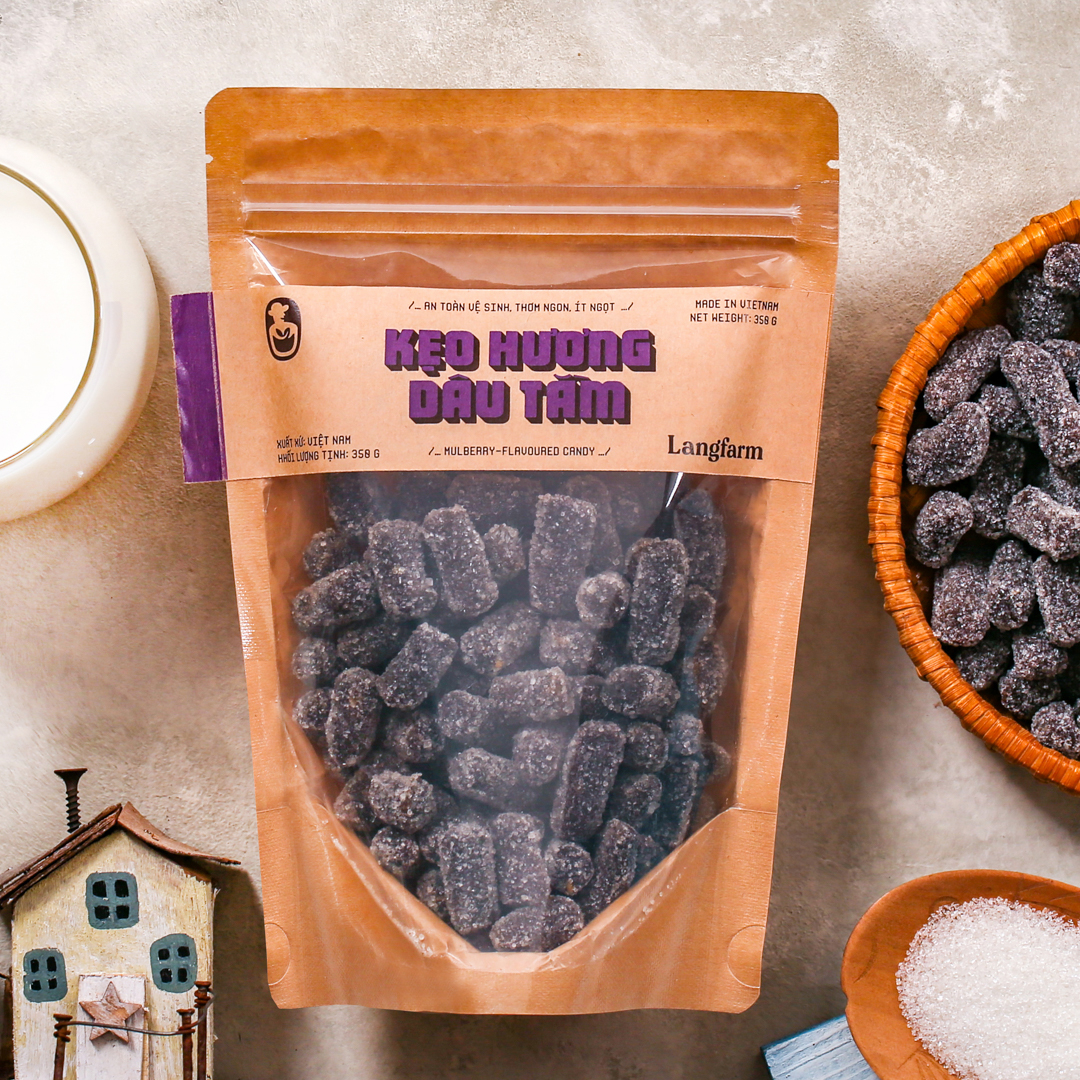  Kẹo hương dâu tằm Langfarm 350g bịch mẫu kraft 1 mặt trong 