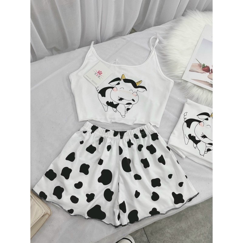 Sét bộ áo thun 2 dây in hình con bò sữa kết hợp quần short bò sữa siêu dễ thương hot trend ttsla0504