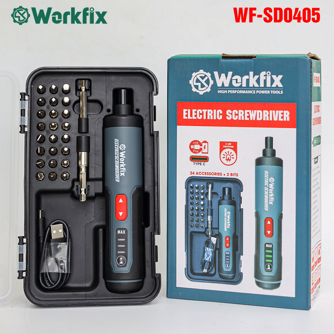  Tua Vít Điện   Máy Bắt Vít Mini WORKFIX WF-SD0405  Lực siết 5Nm 3 Tốc độ Kèm 26 Món Phụ Kiện 