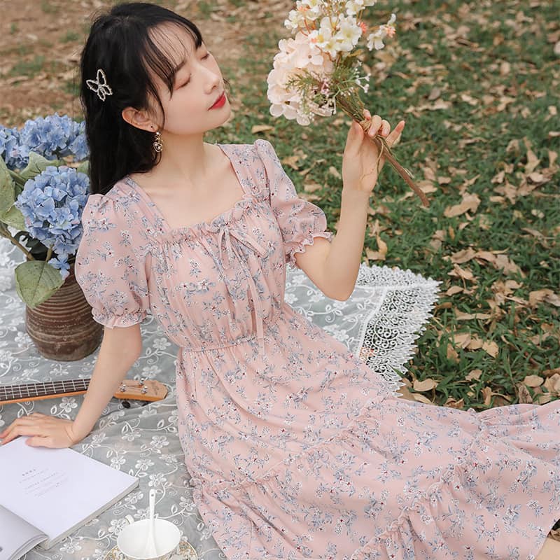 Váy hoa nhí vintage cổ bèo ba tầng đính nơ tiểu thư phong cách Hàn Quốc