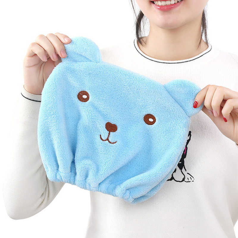 Khăn mũ trùm đầu hình gấu 26cm giúp khô tóc giữ nếp tóc -
