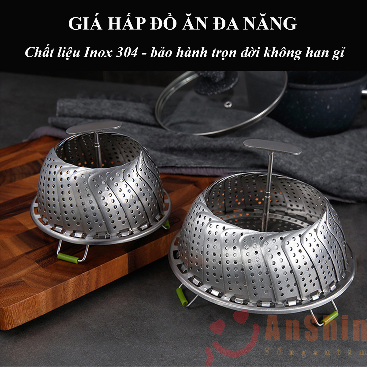 Vỉ hấp đồ ăn đa năng Inox 304 cao cấp - xòe cụp linh hoạt vừa với mọi loại nồi