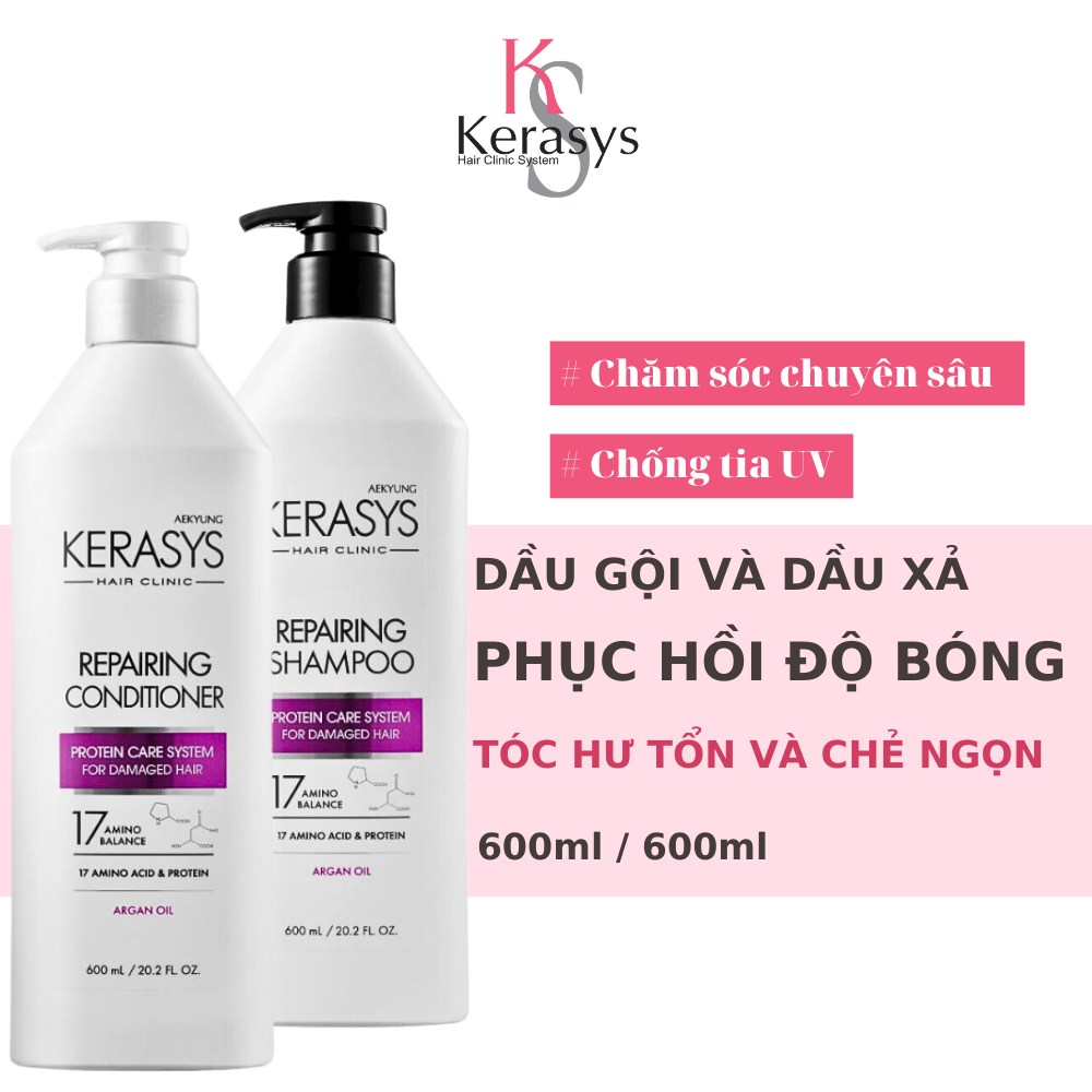 Dầu gội xả Kerasys Repairing phục hồi độ bóng, tăng cường chống tia UV cho tóc hư tổn, chẻ ngọn 600ml