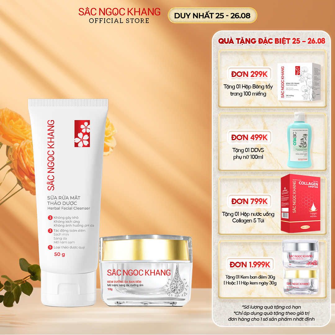 [Size nhỏ] Bộ đôi dưỡng da cơ bản [Kem dưỡng da ban đêm 10g & Sữa rửa mặt Sắc Ngọc Khang 50g] giúp dưỡng da mềm mịn, mờ nám sạm tái tạo làn da tươi sáng