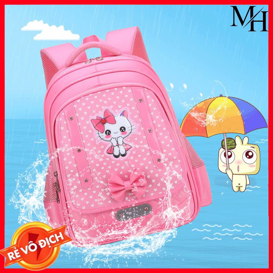 Balo học sinh hình mèo dễ thương thoáng khí chống gù lưng chống thấm cho bé nữ cấp 1, vải Polyester siêu nhẹ có khả năng chống bụi, cặp sách đi học cho bé gái tiểu học