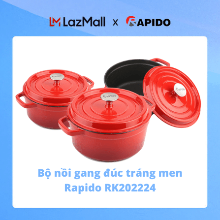 Bộ 3 nồi gang đúc tráng men Rapido RK202224 màu đỏ dùng cho nhiều loại bếp hàng chính hãng