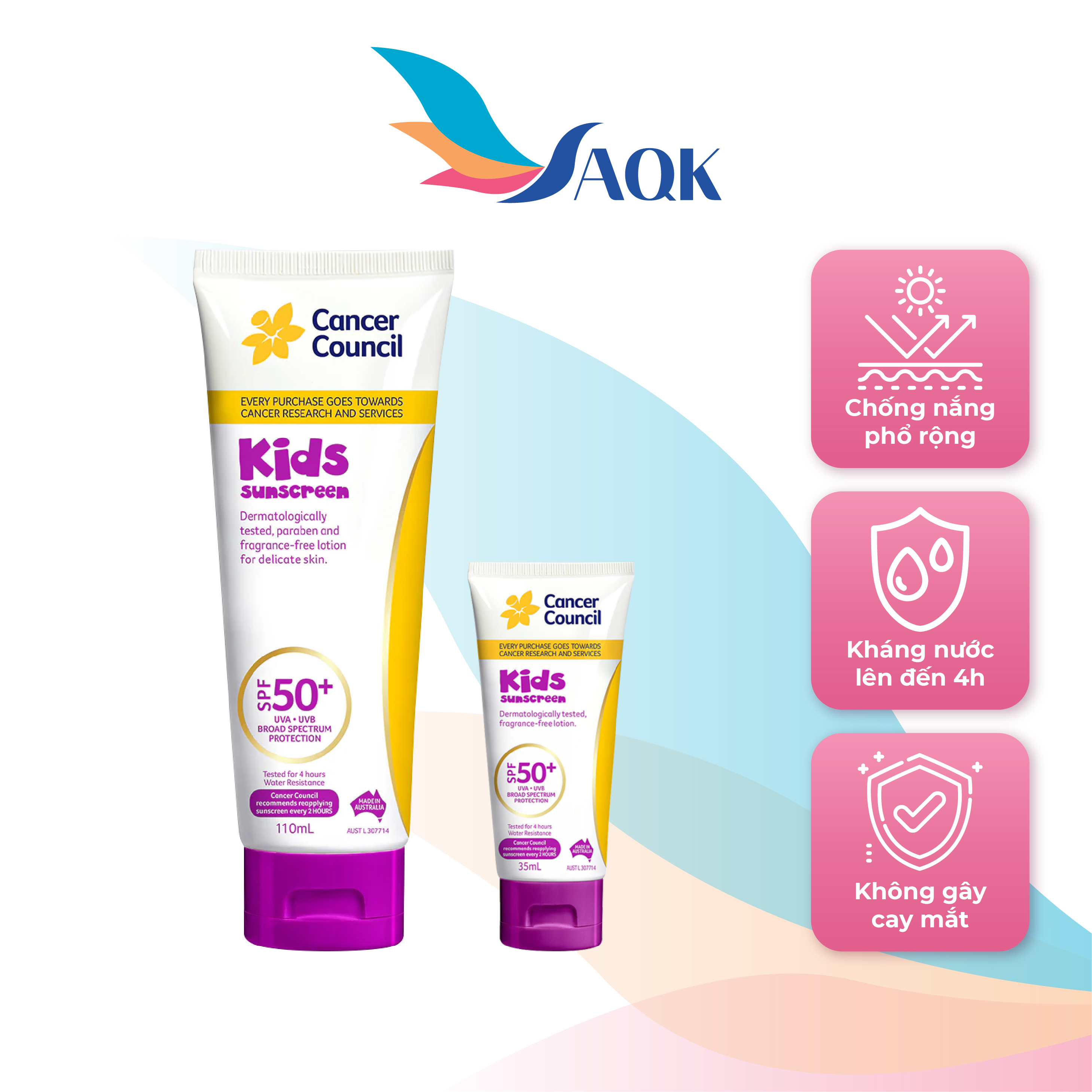 Kem chống nắng trẻ em Cancer Council Kids Sunscreen SPF50+ (35ml/110ml) - Bảo vệ làn da nhạy cảm và hỗ trợ dưỡng ẩm