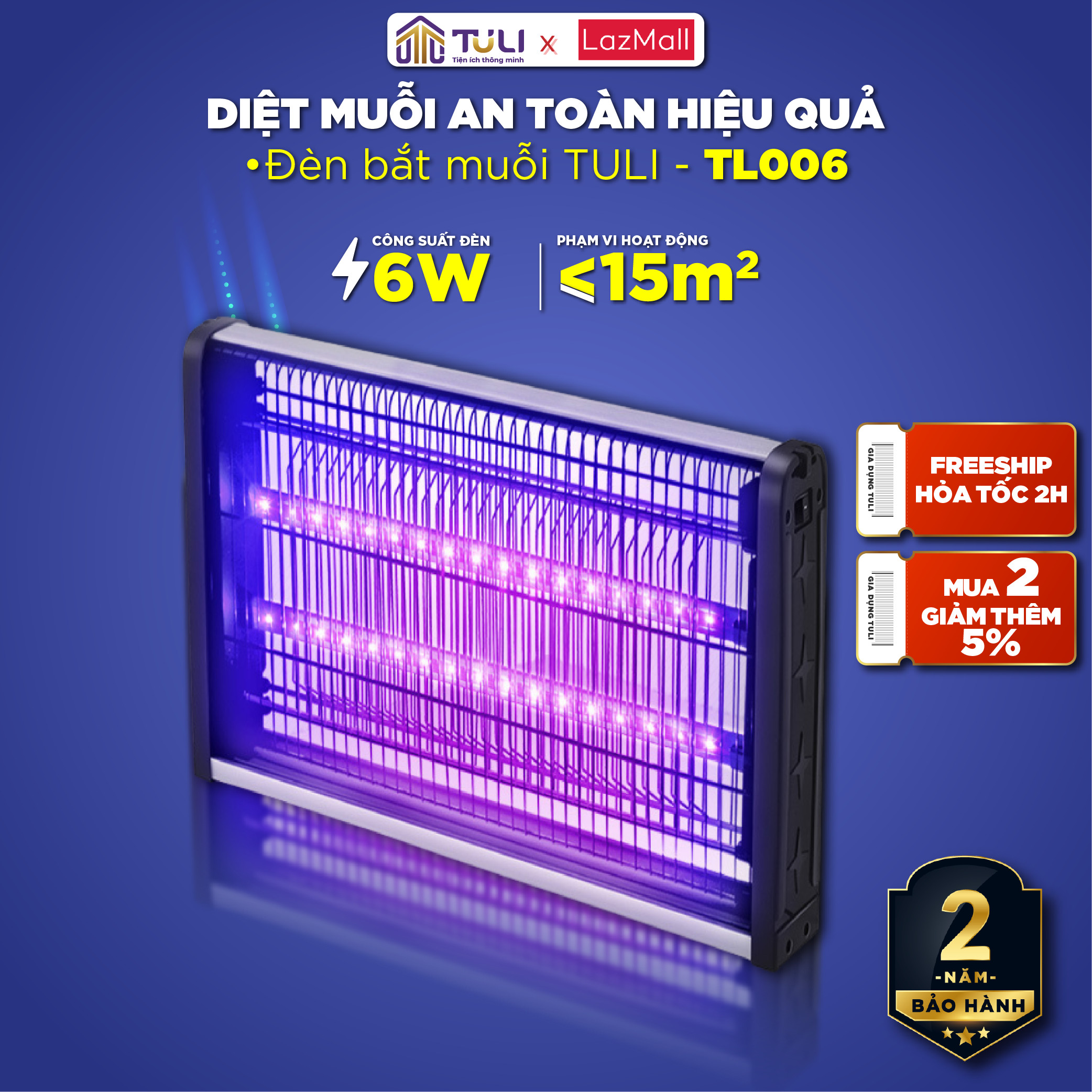 Đèn Bắt Muỗi TULI TL006, Công Suất 6W, Thu Hút Diệt Đuổi Côn Trùng, Hiệu Quả An Toàn Không Độc Hại, BH 24 Tháng