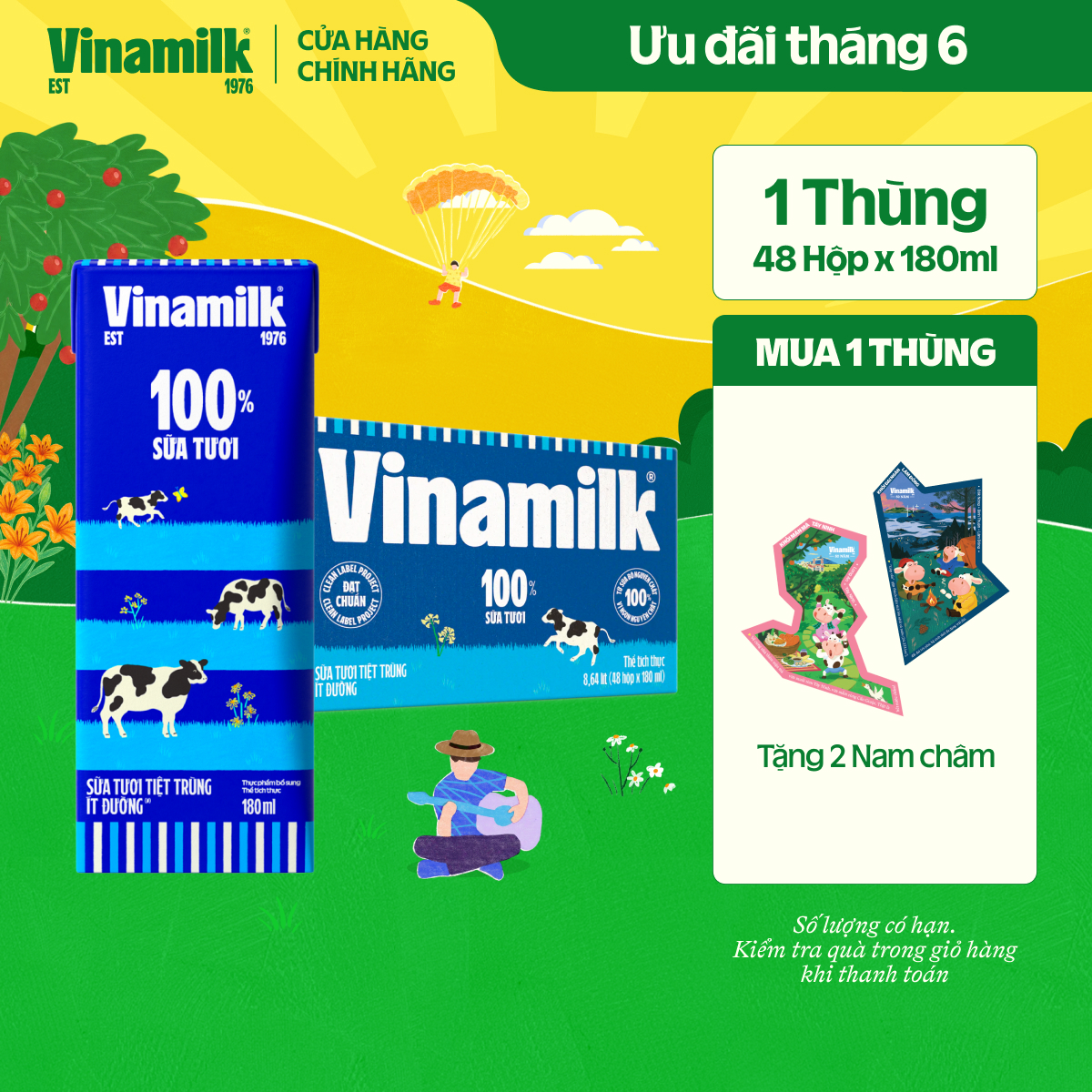 Thùng 48 Hộp Sữa tươi tiệt trùng Vinamilk 100% Ít Đường 180ml|Có thể nhận Bao Bì Cũ/Mới