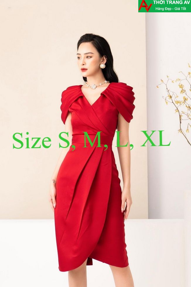 AV6510 - Đầm ôm body cổ tim tay xếp pli lai xéo cực sang