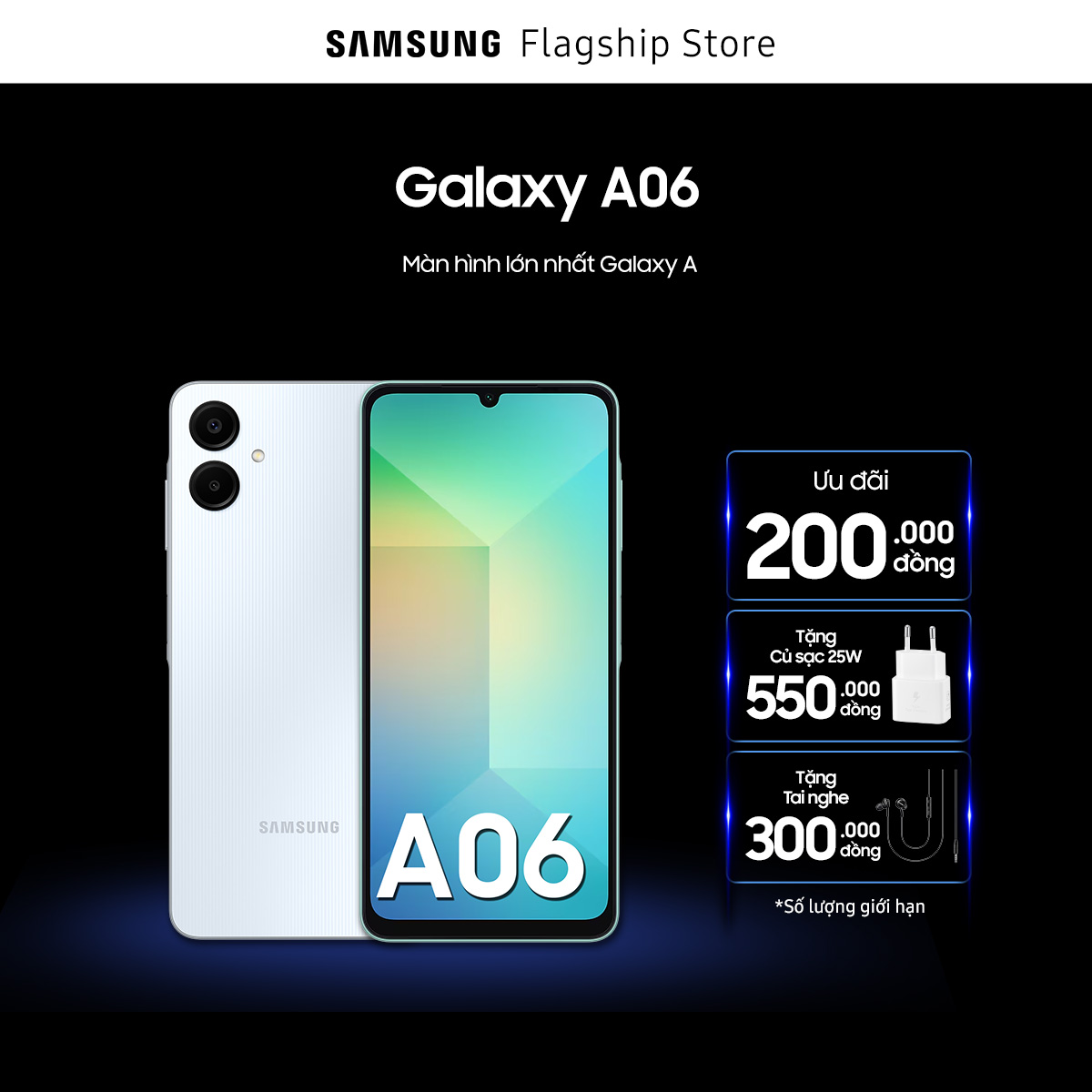 [SIÊU SALE TỪ 20H 1.2][TẶNG CỦ SẠC 25W + TAI NGHE][QUÀ QUẤN KÈM HÀNG] Điện thoại Samsung Galaxy A06 (4GB/128GB), màn hình to rộng 6.7" 60Hz, mỏng nhẹ, hiệu năng mạnh mẽ