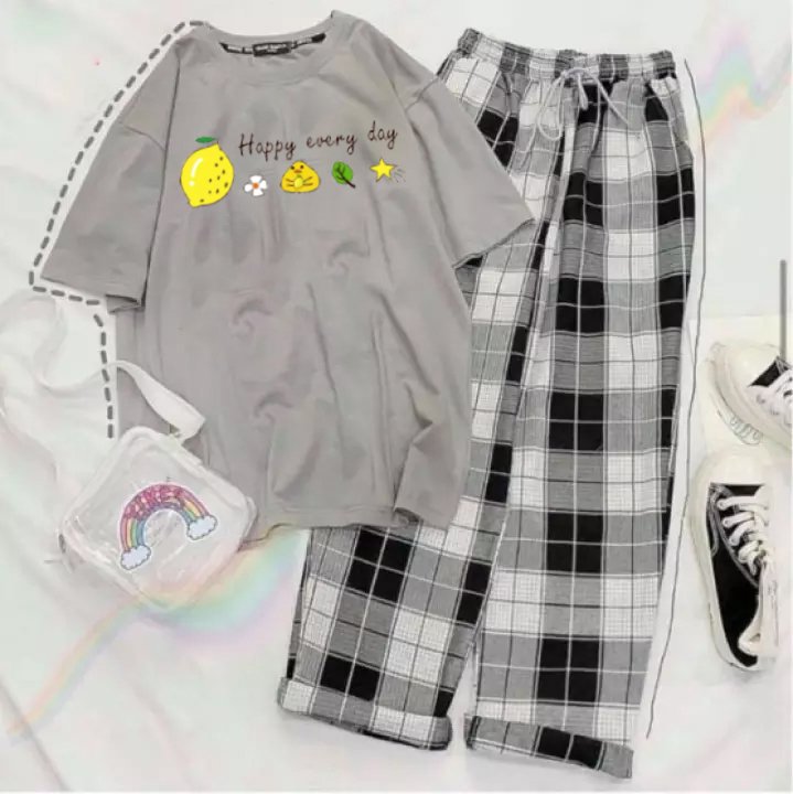Set áo happy every day kèm quần kẻ đen thích hợp đi học đi chơi