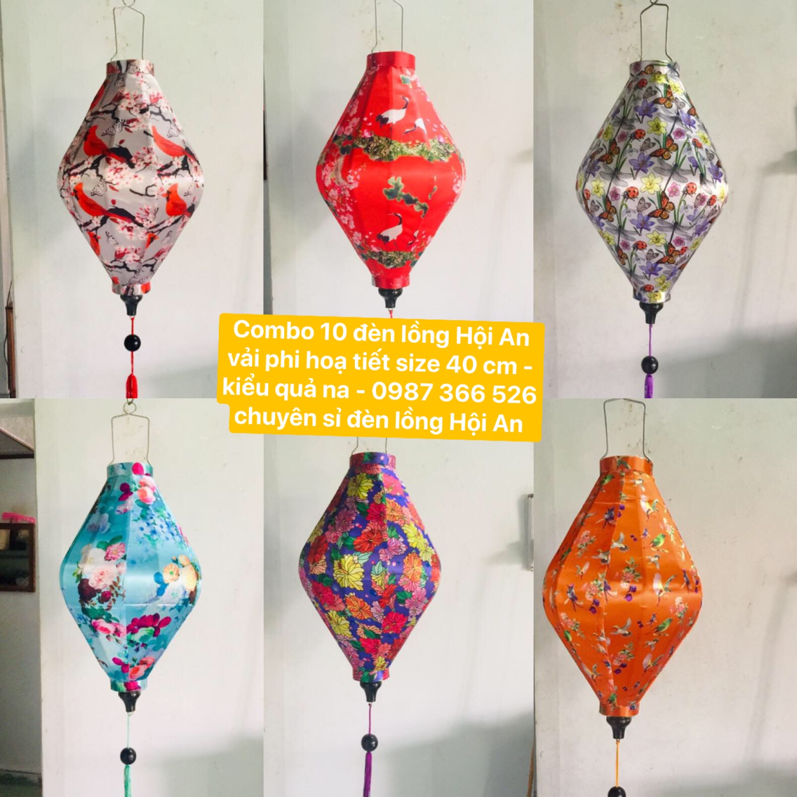 COMBO 10 đèn lồng Hội An vải phi in họa tiết 3D - size 40 cm - kiểu quả na chuyên dùng trang trí