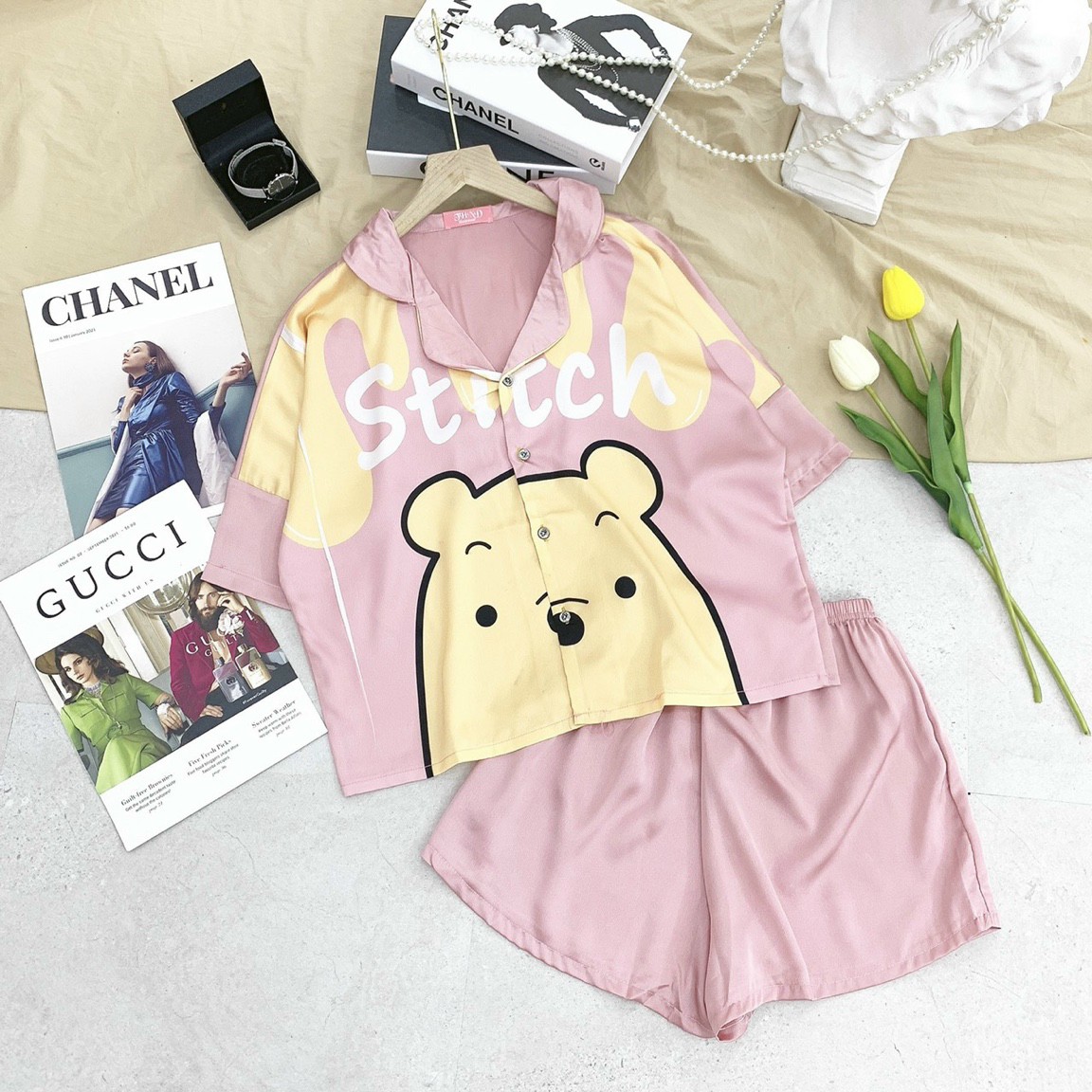 Bộ đồ ngủ pyjama đùi dơi 3d lụa satin siêu hot