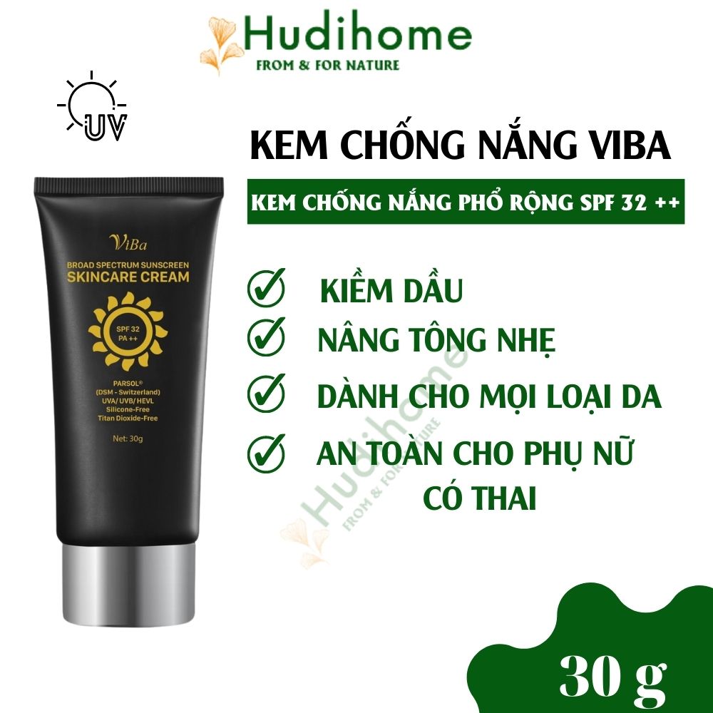 Kem chống nắng phổ nắng phổ rộng SPF 32++ VIBA cấp ẩm, kiềm dầu, nâng tông nhẹ 30g/90g (tặng serum mụn hoặc trẻ hóa 5 ml, ib shop để chọn) - Hudihome