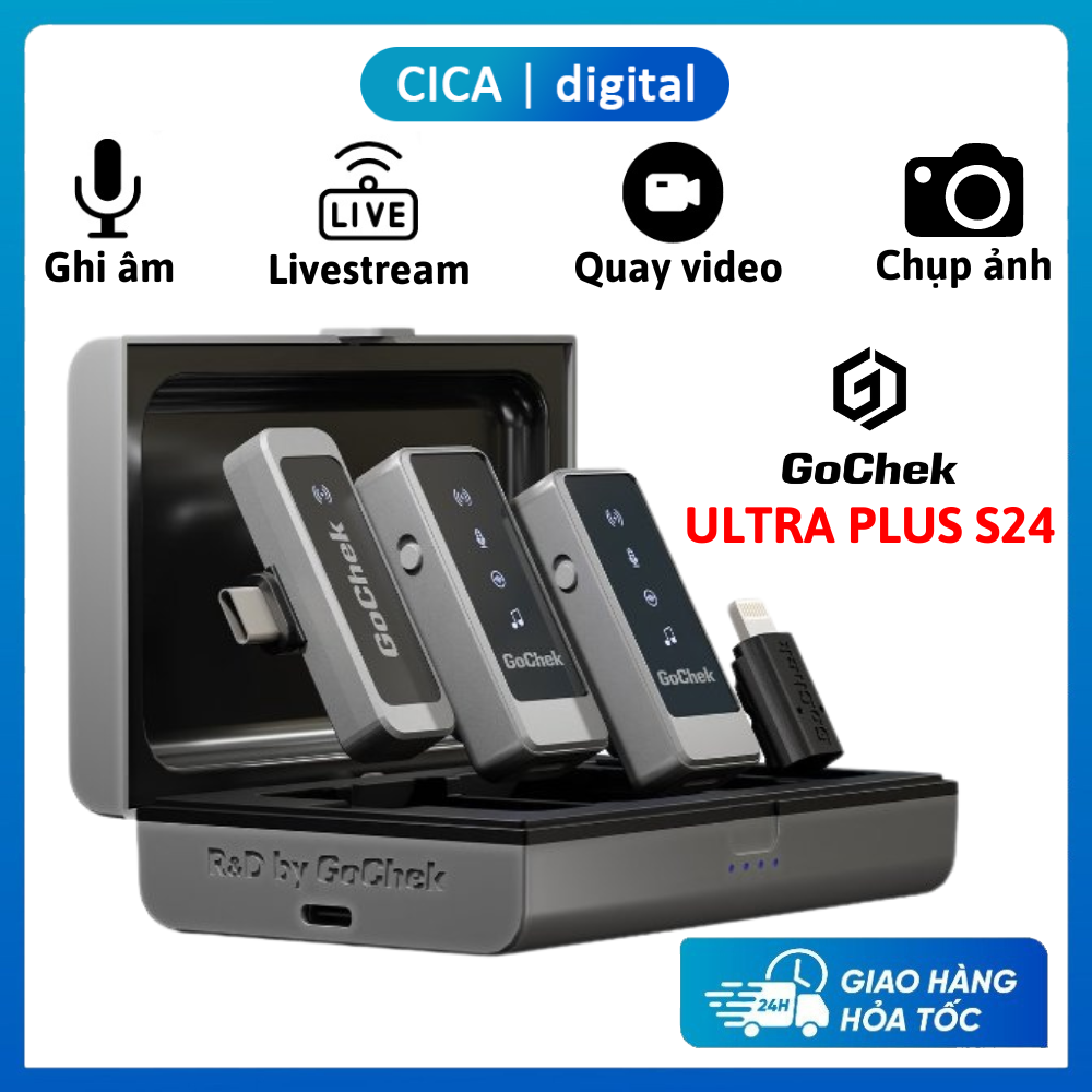 Micro thu âm không dây GOCHEK ULTRA S24 kèm Dock sạc, Tích hợp 2 chân cắm khi live/quay video/ghi âm cho mọi thiết bị, Bảo hành 24 tháng