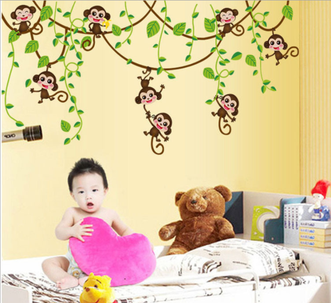 Decal dán tường trẻ em, decor phòng bé, bàn học, tủ quần áo:  Khỉ đu dây TB132