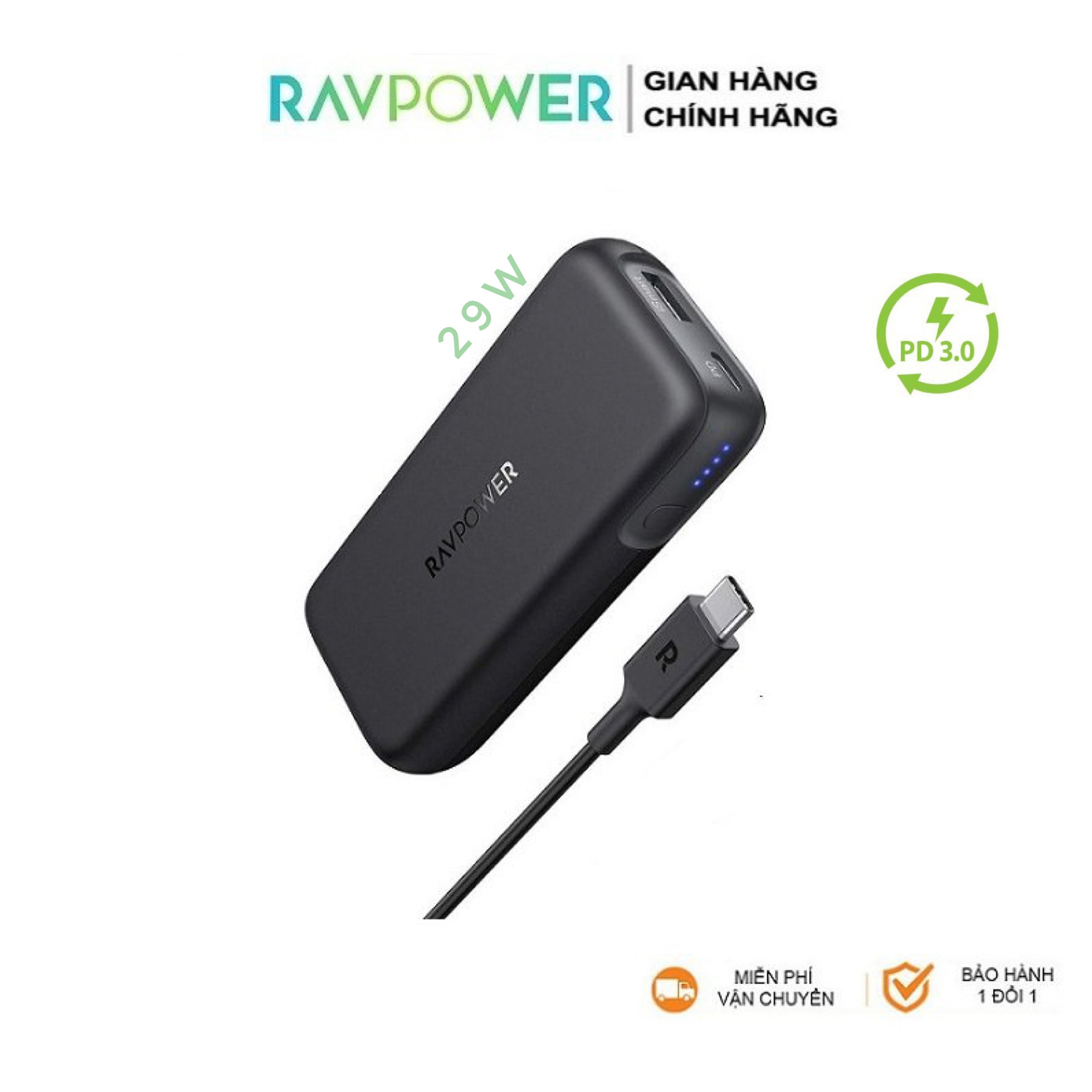 Sạc dự phòng 29w ravpower rp-cpbn001 - 10.000 mah - pd 3.0 - qc 3.0 - type c in/out - siêu nhỏ gọn - hàng chính hãng - mới 100%