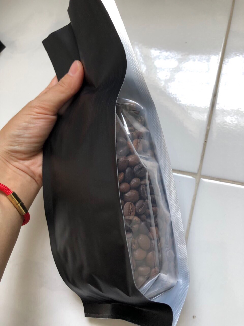 [500gr/size] - túi 4 biên màu đen - hông trong, đựng trà cafe