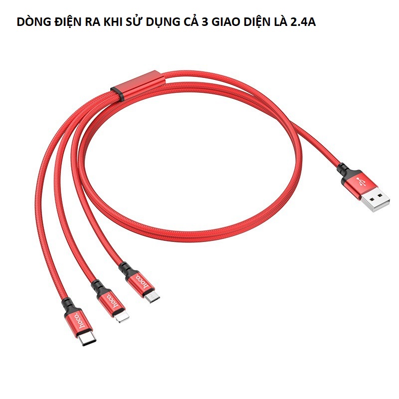 Cáp sạc hoco x14 3 in 1 dây bện nylon dòng điện ra khi sử dụng cả 3 giao diện là 2.4a dài 1m