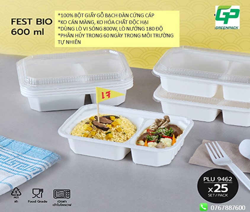 ( Hàng chính hãng) Lốc 25 hộp 2 ngăn nắp trong đựng bánh/thức ăn, phân hủy sinh học-thương hiệu FEST nhập khẩu Thái Lan