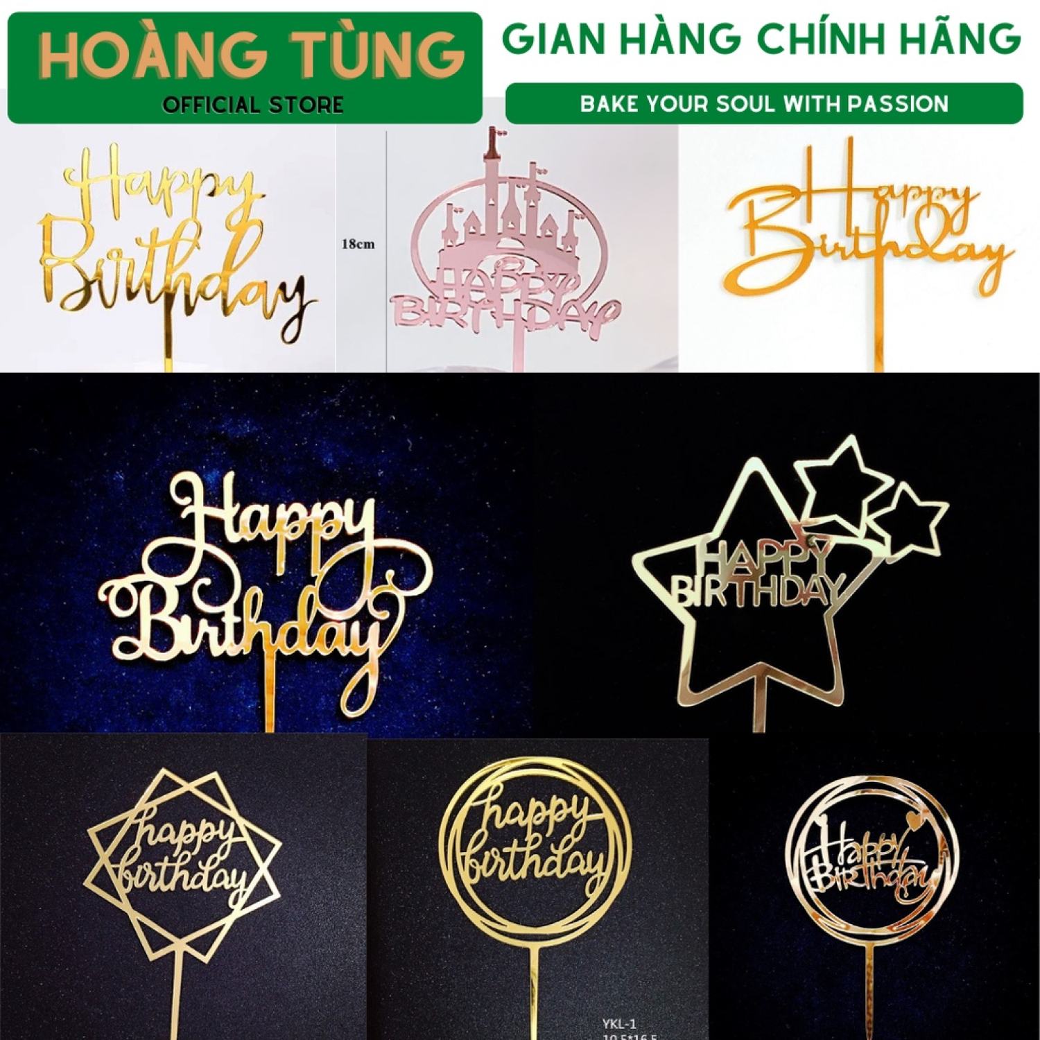Combo 10 que cắm trí bánh sinh nhật, bánh kem, chữ Happy birthday
