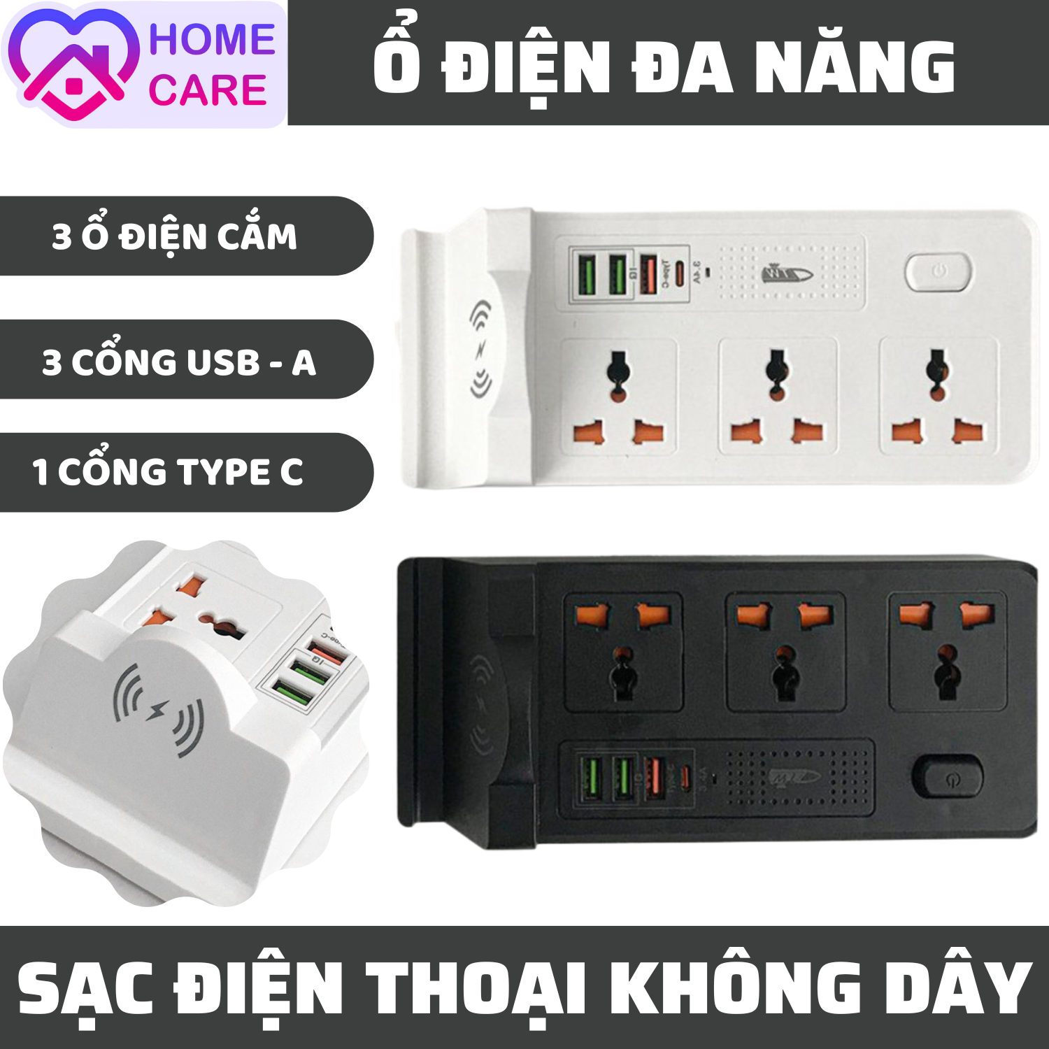 Ổ cắm điện thông minh kiêm sạc không dây và sạc usb 2m và ổ cắm điện thông minh 1 cổng typec 3 cổng usb không dây