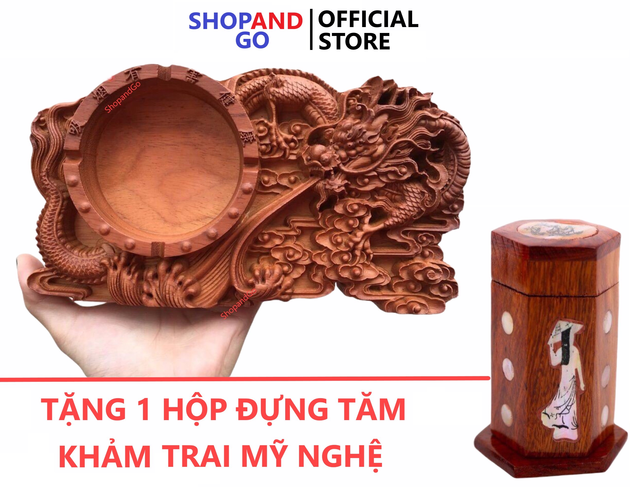 (FREESHIP) COMBO 1 Gạt Tàn Nguyên Khối Gỗ Hương Trạm Khắc Hình Rồng Tinh Xảo tặng 1 hộp đựng tăm khảm trai mỹ nghệ cao cấp