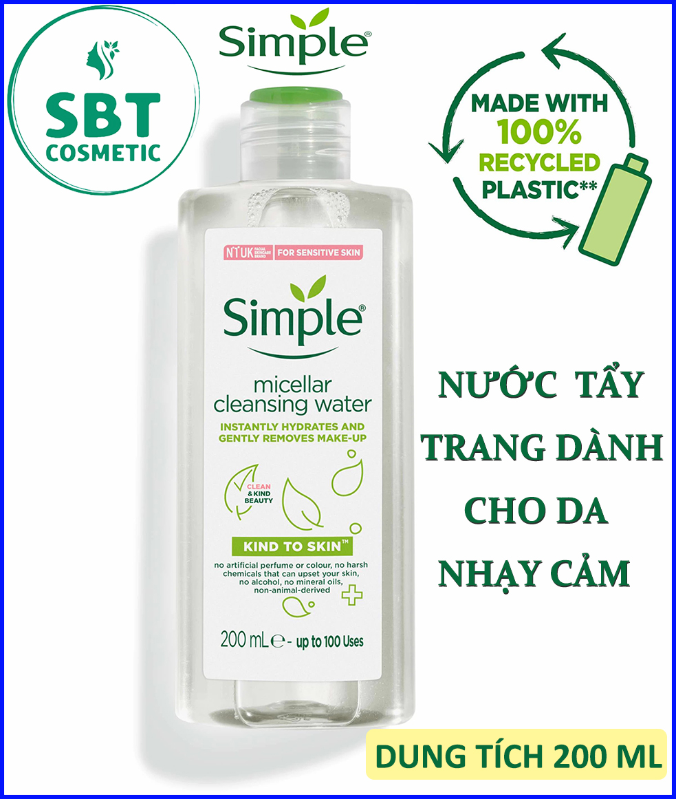 [Chính Hãng Anh] Nước Tẩy Trang Simple Micellar Cleansing Water 200ml – Tẩy Sạch Lớp Trang Điểm, Dầu Nhờn, Bụi Bẩn, Làm Sạch Da, Dành Cho Da Nhạy Cảm, Da Mụn