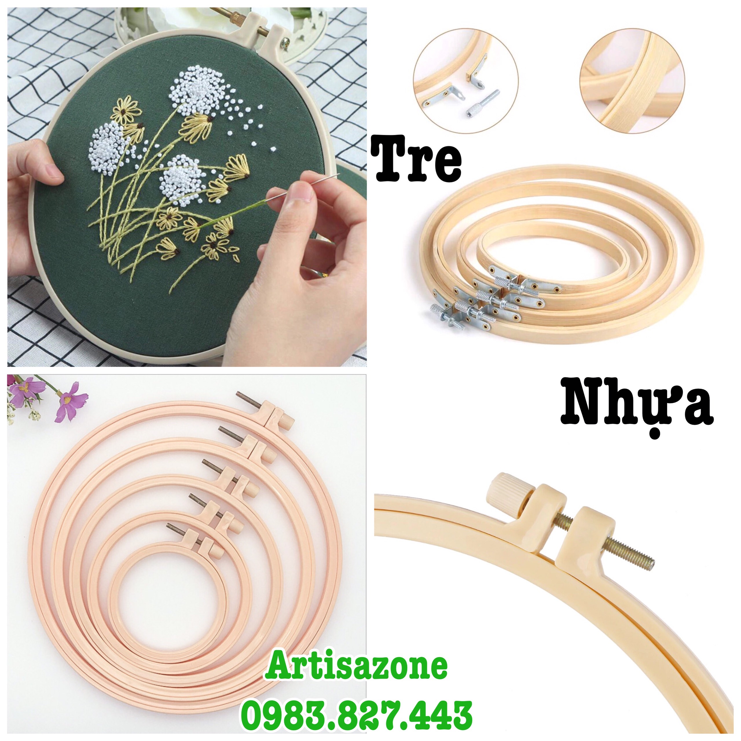 Khung thêu tre (kích thước từ 13cm, 15cm, 18cm, 20cm, 26cm, 30cm) - 01 chiếc
