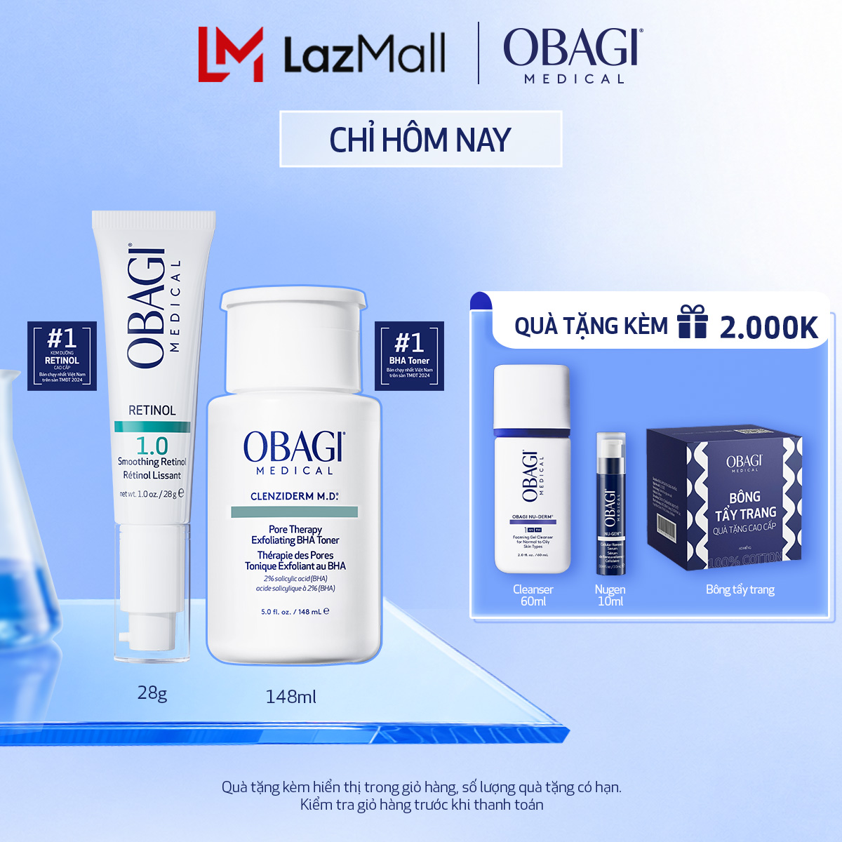 Bộ đôi dưỡng da Toner BHA làm sạch mụn và tẩy tế bào chết Obagi Medical Clenziderm M.D 148ml và Kem Chống Lão Hóa  Tái Tạo Da Obagi 360 Retinol 1.0 28g