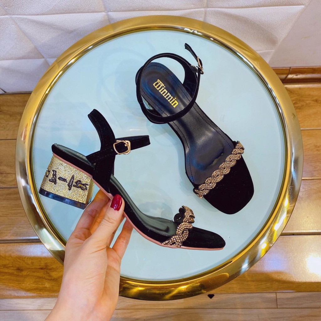 Giày Sandal Cao Gót Nữ Đế Vuông, Giày Cao Gót Nữ Quai Mãnh Gót Vàng Hỡ Mũi, Gót Cao 5P Hàng Chuẩn Si