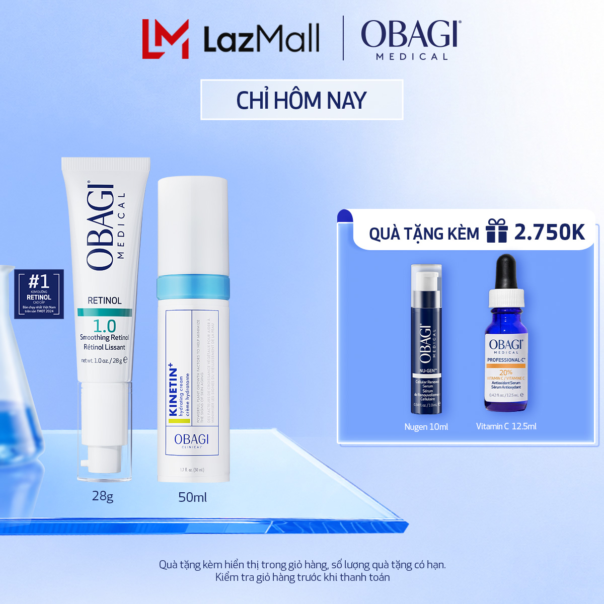 Bộ đôi Kem chống lão hóa Obagi Retinol 1.0 28g và Kem dưỡng phục hồi làm dịu da Obagi Clinical Kinetin+ Hydrating Cream 50ml