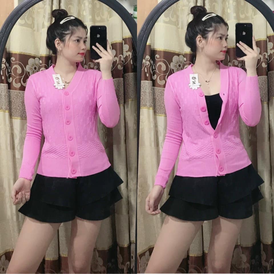 Áo khoác len tay dài nữ cổ tròn 6 nút