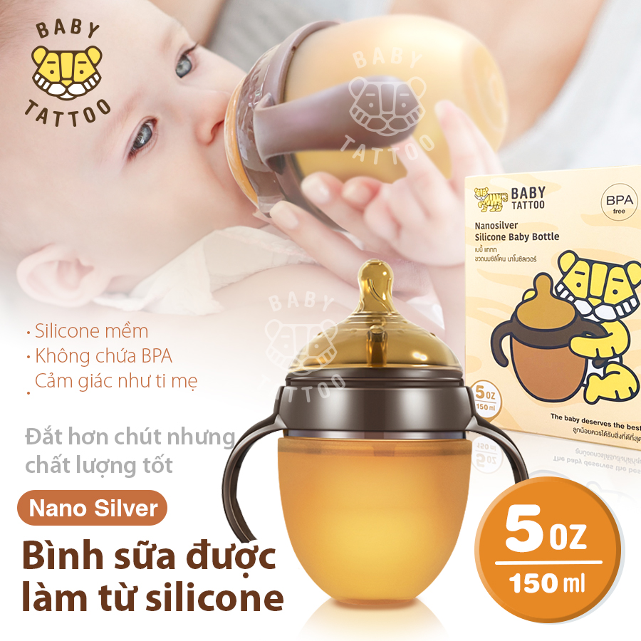 Bình Sữa Cầm Tay SIlicone Nano Bạc Kháng Khuẩn, Đầu Ti Mềm Dẻo Đàn Hồi Cao BABY TATTOO