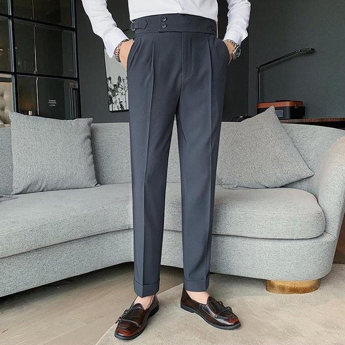Quần âu nam cạp cao Sidetab 2 khuy khóa đai bên hông baggy suông , quần âu nam hàn quốc lưng cao lịch lãm