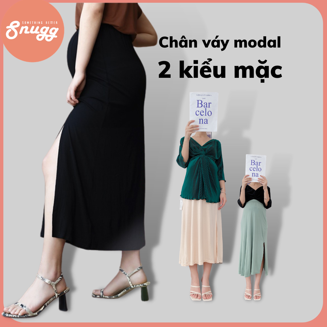 Chân váy bầu maxi xẻ gối Modal mềm mỏng  Snugg Việt SNU2051