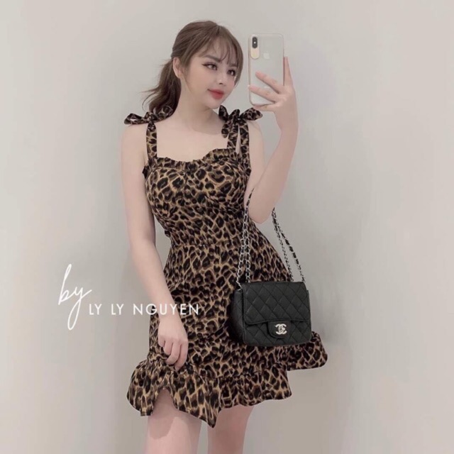 Đầm thun da beo 2 dây cột đuôi xoè dutiec43