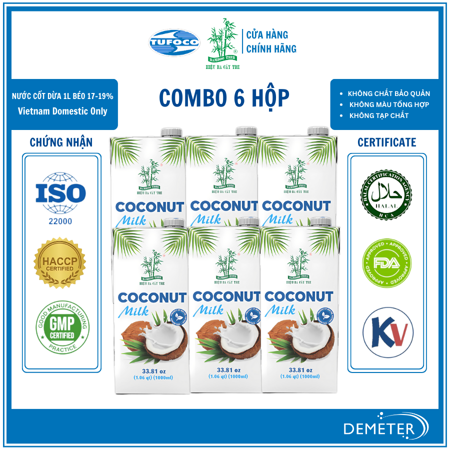 Combo 6 Nước Cốt dừa Ba Cây Tre Milk Béo 17-19% 1 Lít x 6