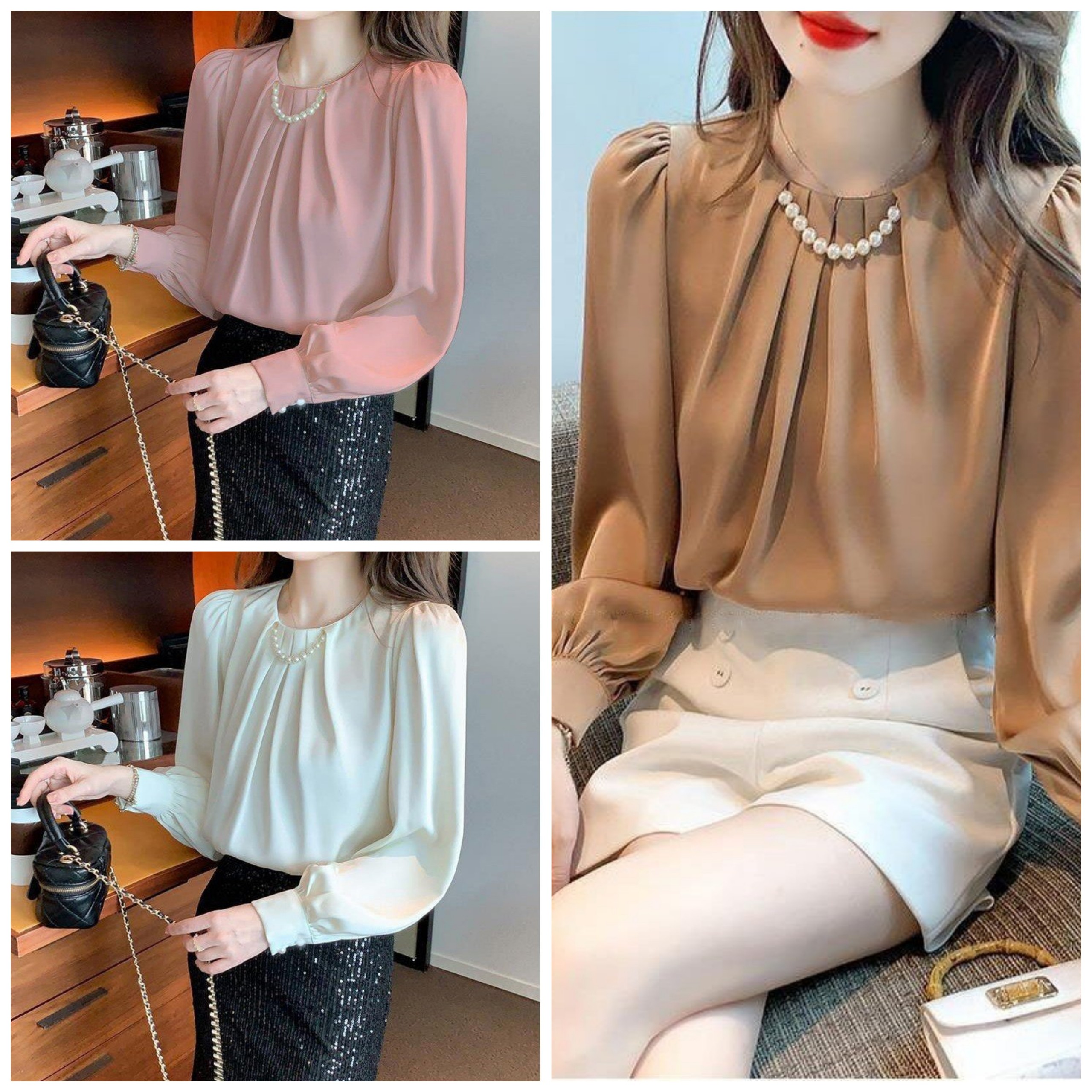 Áo kiểu sơ mi nữ cổ phối ngọc cách điệu tay dài