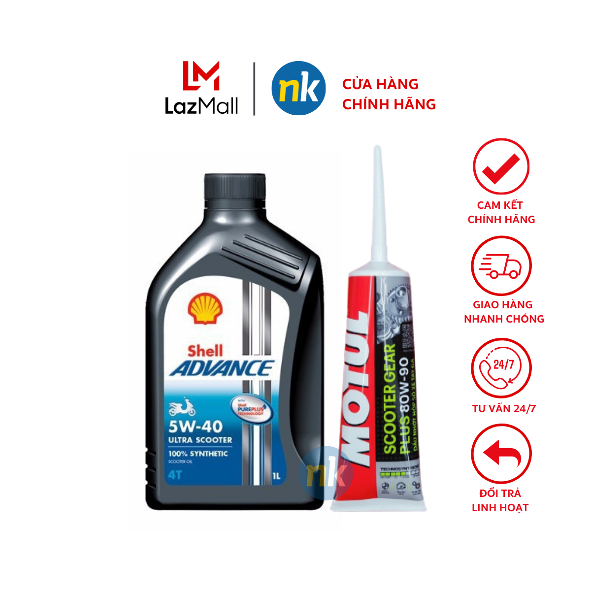 Combo Nhớt cao cấp cho xe tay ga đời mới Shell Ultra Scooter 4T 5W40 1L và Nhớt hộp số Motul Scooter Gear Plus