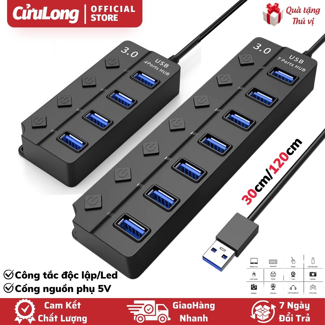 Bộ Chia Cổng USB OTG Hub USB 3.0 cổng USB mở rộng đầu chia USB 1 ra 4 và 7 dây dài cổng công tắc ngu