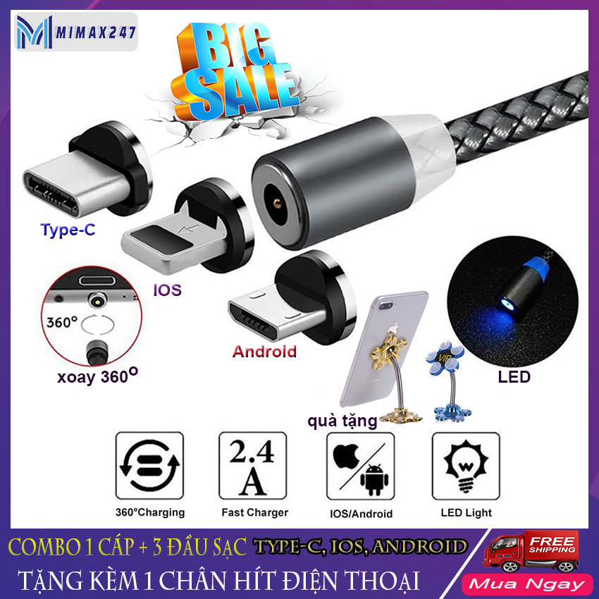[HCM]Cap sac nam cham - Cáp sạc 3 trong 1 - cáp sac nam châm 3 dầu - cáp sạc iphone  type-C  Micro usb - dây sạc nhanh đa năng - cáp sạc hít nam châm không lo hư đầu sạc( MIMAX247) TẶNG KÈM GIÁ ĐỠ ĐIỆN THOẠI