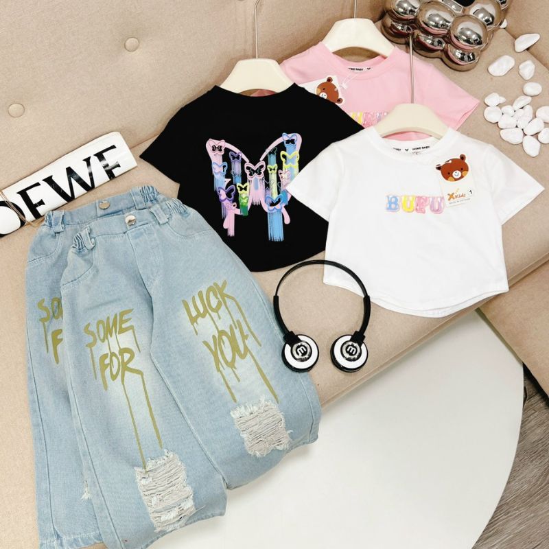 Bộ quần áo bé gái Set áo phông và quần Jean xuông mài ống ảnh thật 10-30kg XHN1492