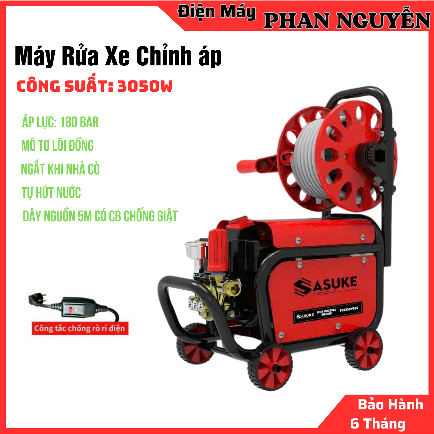  Máy xịt rửa xe Chỉnh Áp cao cấp Sasuke SSK-3050 Plus - 3050W - Có chống giật - Motor lõi đồng 100% Có rulo cuộn dây 